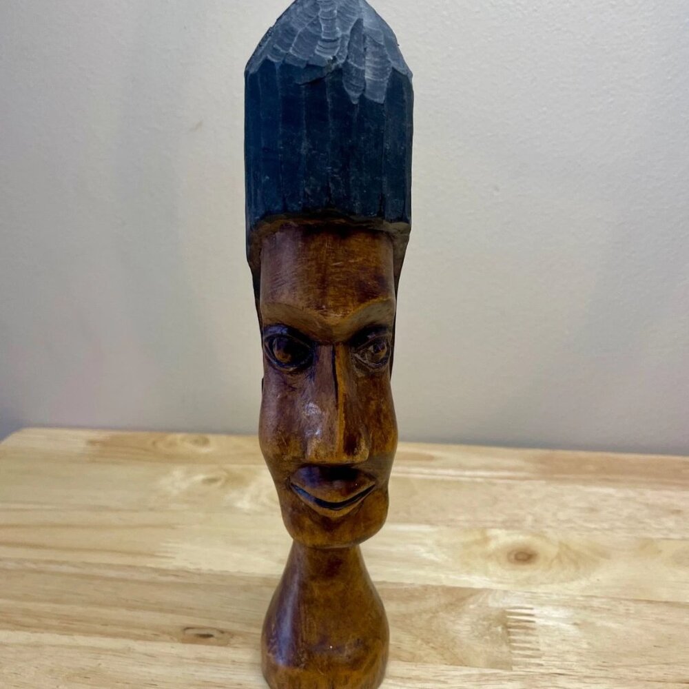 Vintage Hand-Carved Wooden Tribal Folk Art Bust Sculpture – Mid Century Stylized